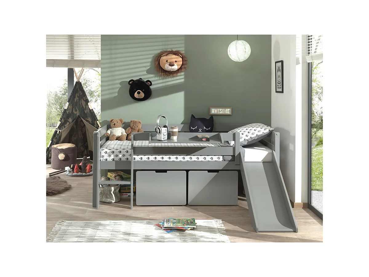 Pack - Lit Enfant Surélevé, 2 Tiroirs & Étagère "Pino" Gris