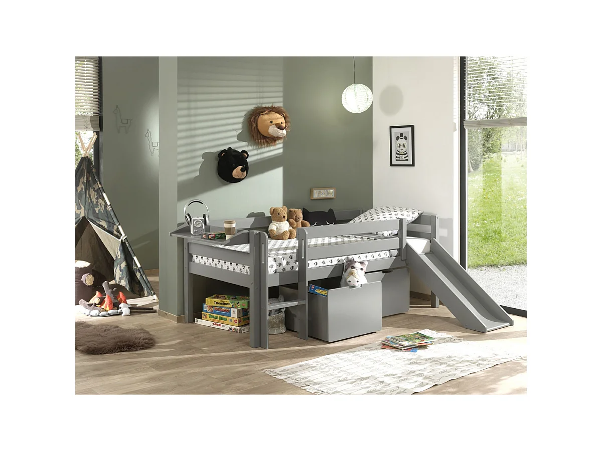 Pack - Lit Enfant Surélevé, 2 Tiroirs & Étagère "Pino" Gris