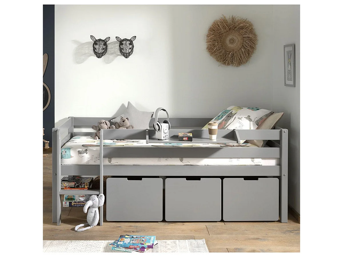 Pack - Lit Enfant Surélevé, 3 Tiroirs & Étagère "Pino" Gris