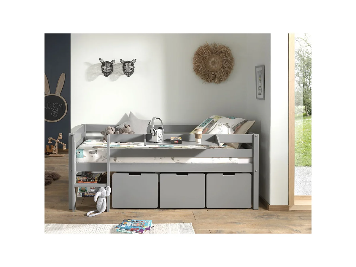Pack - Lit Enfant Surélevé, 3 Tiroirs & Étagère "Pino" Gris