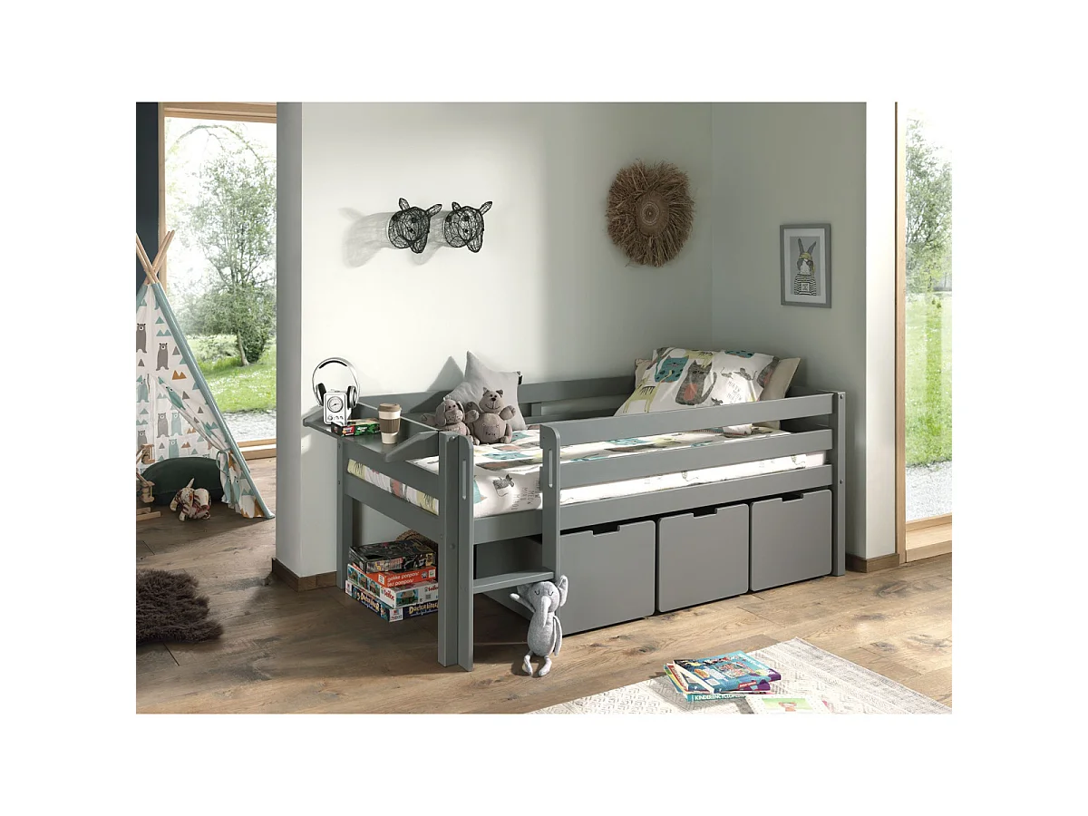 Pack - Lit Enfant Surélevé, 3 Tiroirs & Étagère "Pino" Gris
