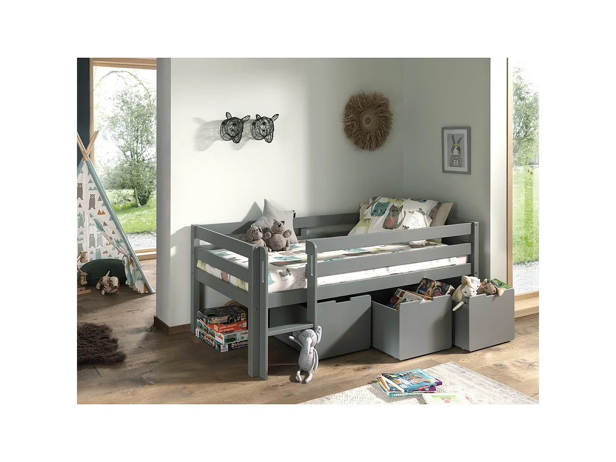Pack - Lit Enfant Surélevé, 3 Tiroirs & Étagère "Pino" Gris