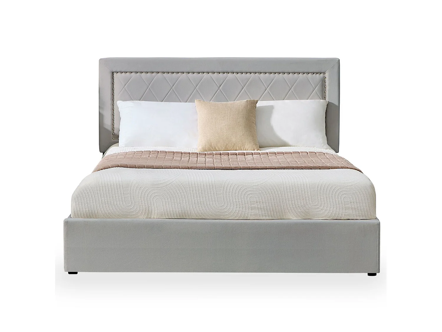 Lit coffre Sandiego avec sommier relevable 140x200cm et tête de lit cloutée Velours Gris clair