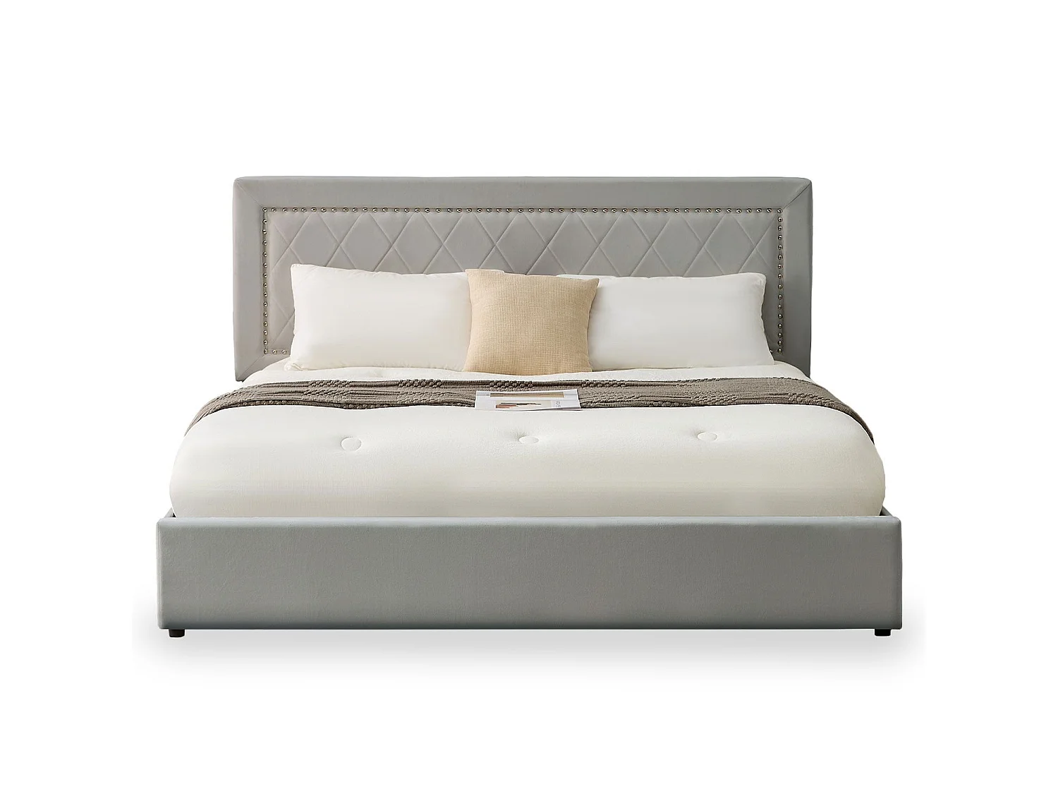 Lit coffre Sandiego avec sommier relevable 180x200cm et tête de lit cloutée Velours Gris clair