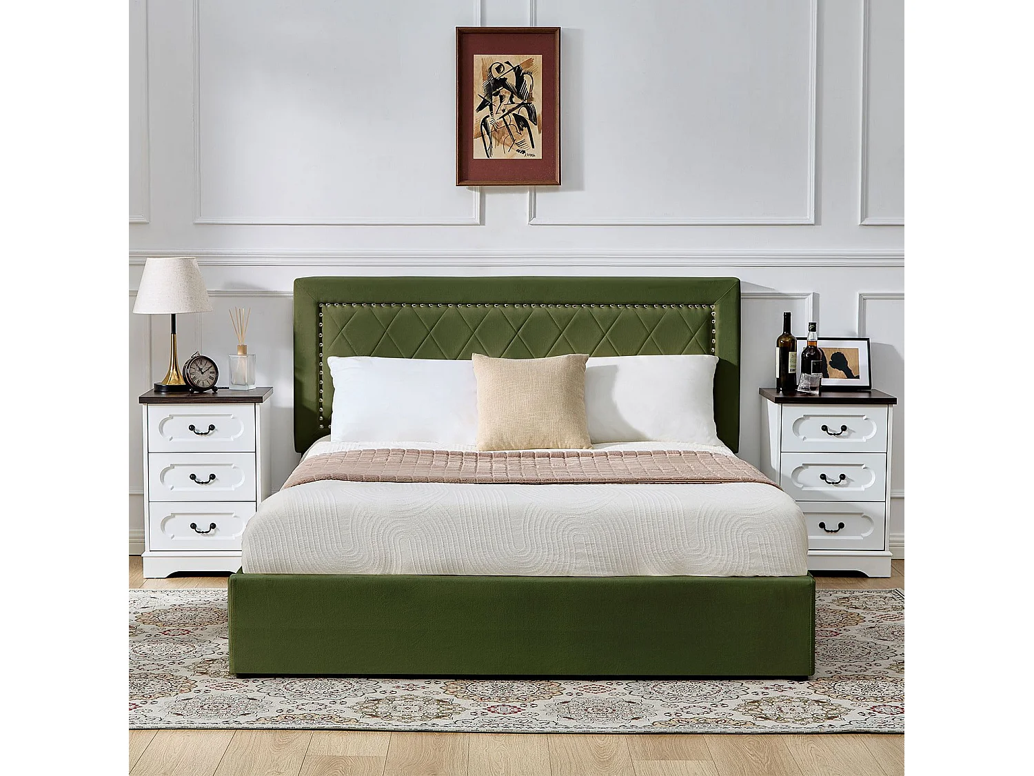 Lit coffre Sandiego avec sommier relevable 160x200cm et tête de lit cloutée Velours Kaki