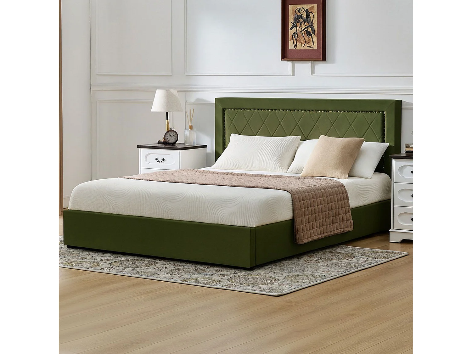 Lit coffre Sandiego avec sommier relevable 160x200cm et tête de lit cloutée Velours Kaki