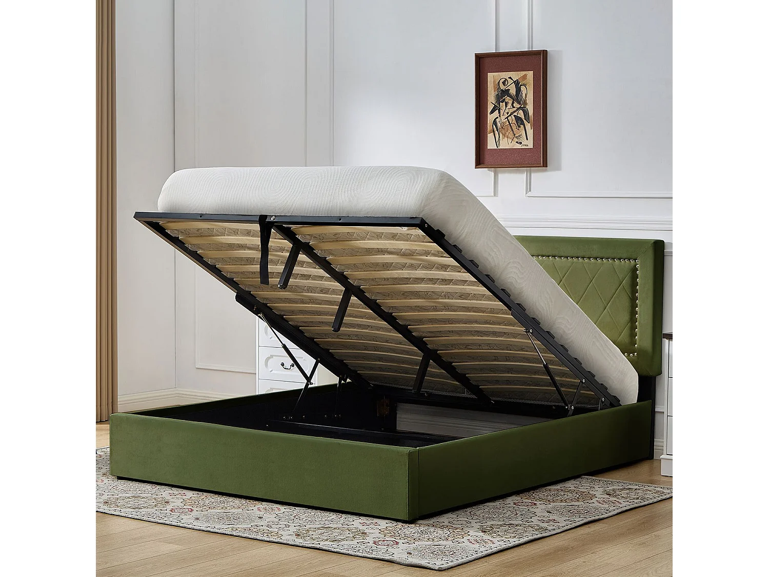 Lit coffre Sandiego avec sommier relevable 160x200cm et tête de lit cloutée Velours Kaki
