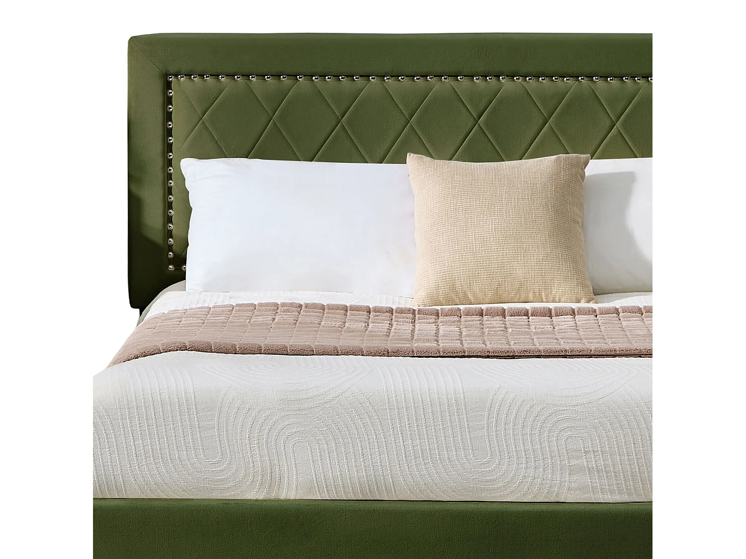 Lit coffre Sandiego avec sommier relevable 160x200cm et tête de lit cloutée Velours Kaki