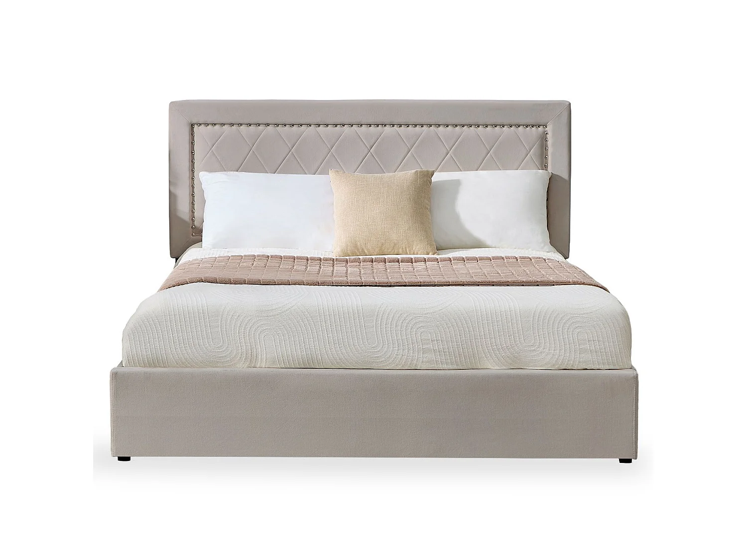 Lit coffre Sandiego avec sommier relevable 160x200cm et tête de lit cloutée Velours Taupe