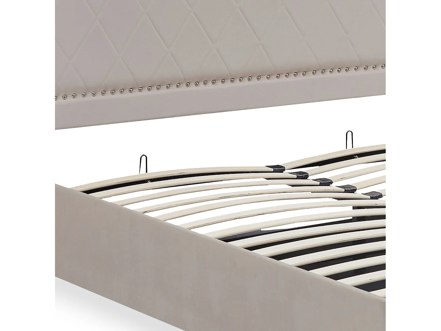 Lit coffre Sandiego avec sommier relevable 160x200cm et tête de lit cloutée Velours Taupe
