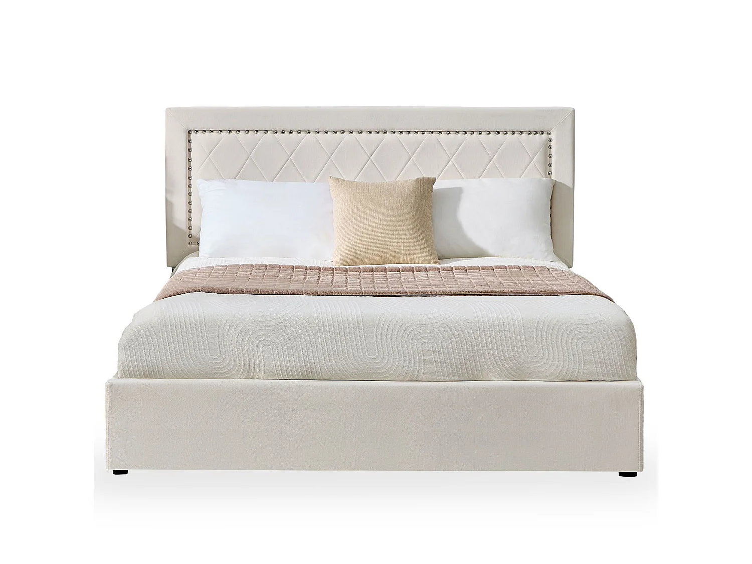 Lit coffre Sandiego avec sommier relevable 160x200cm et tête de lit cloutée Velours Beige clair