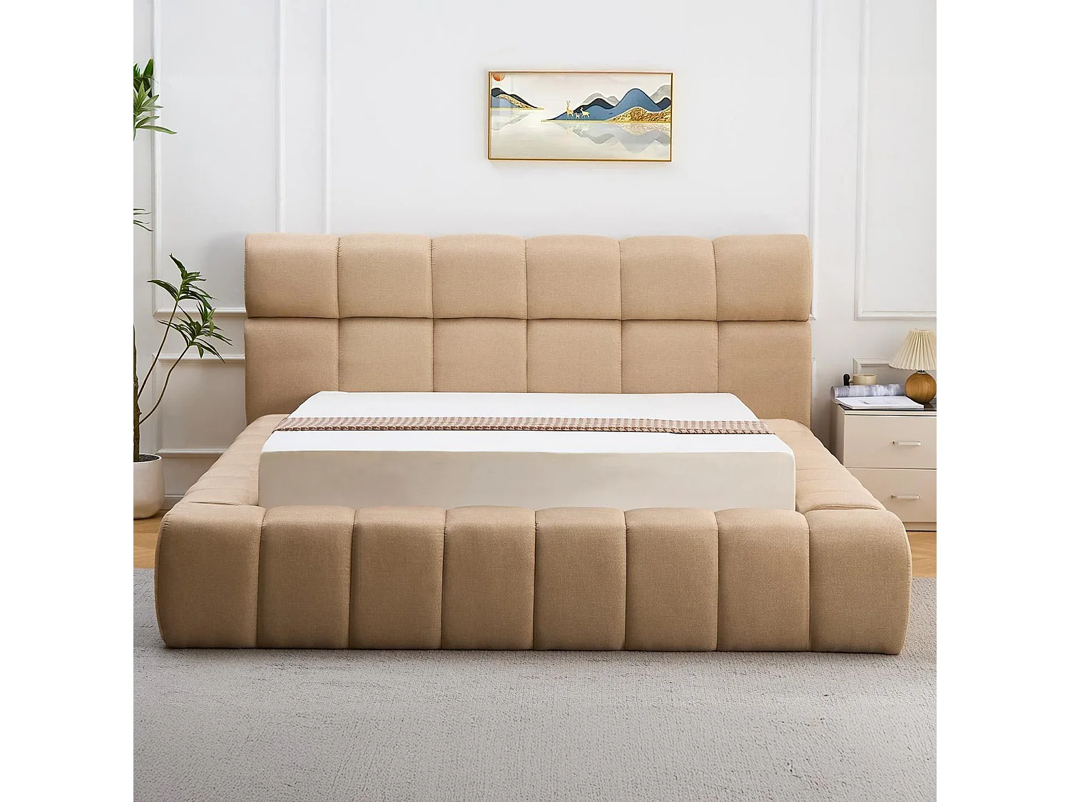 Lit-coffre avec rebords matelassés Challow 140x190cm Tissu Beige