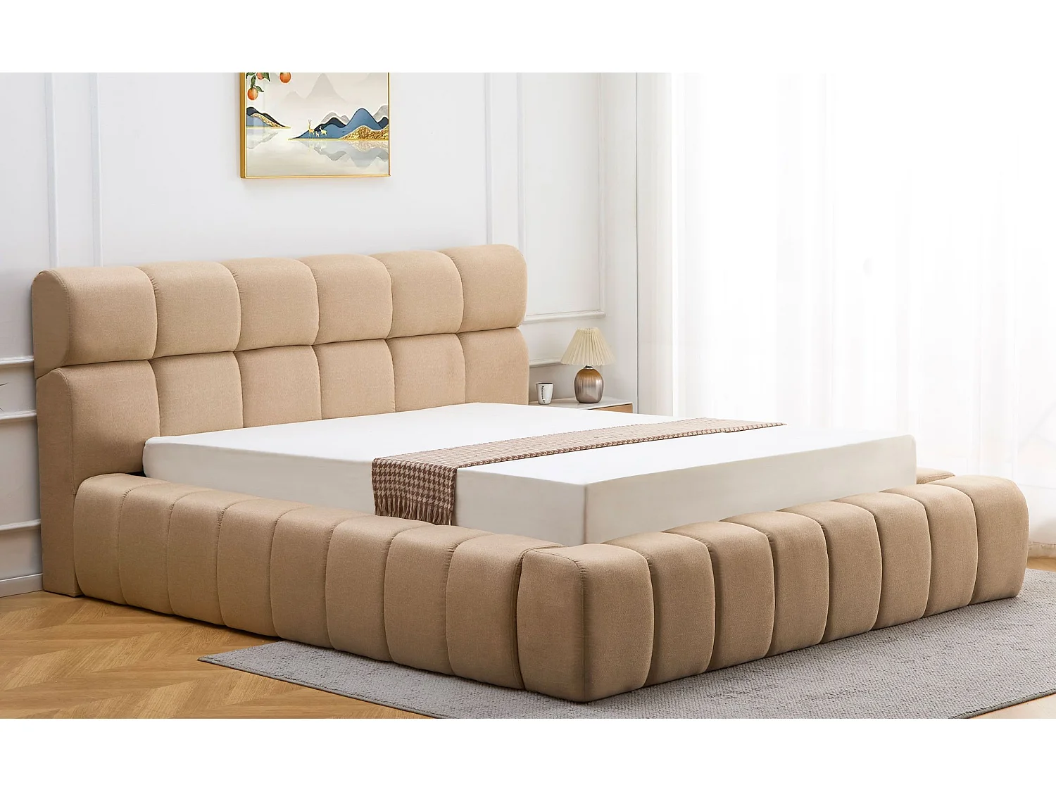 Lit-coffre avec rebords matelassés Challow 140x190cm Tissu Beige
