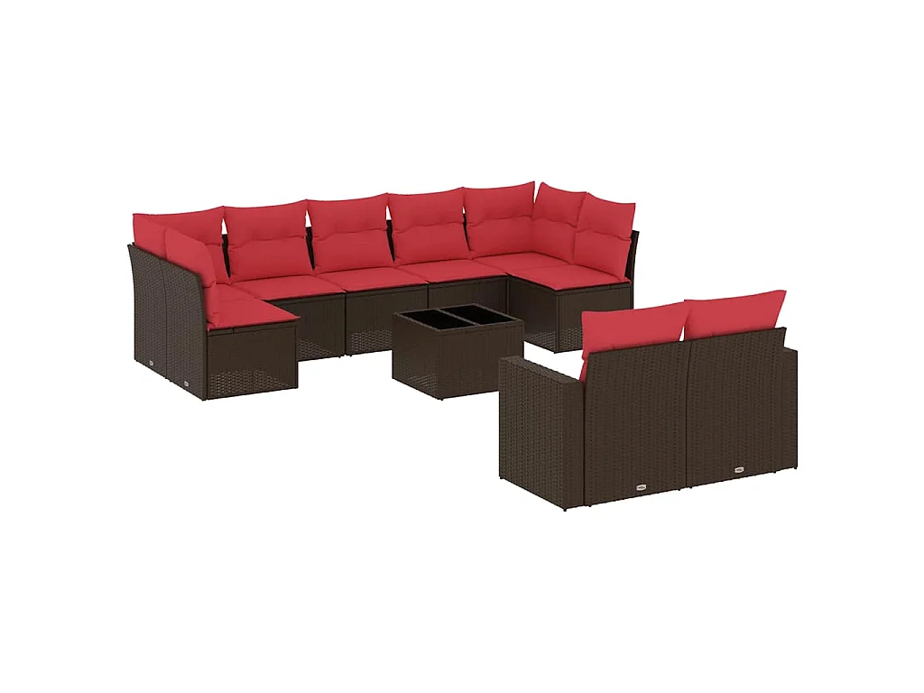 Salon de jardin 10 pièces avec coussins marron résine tressée