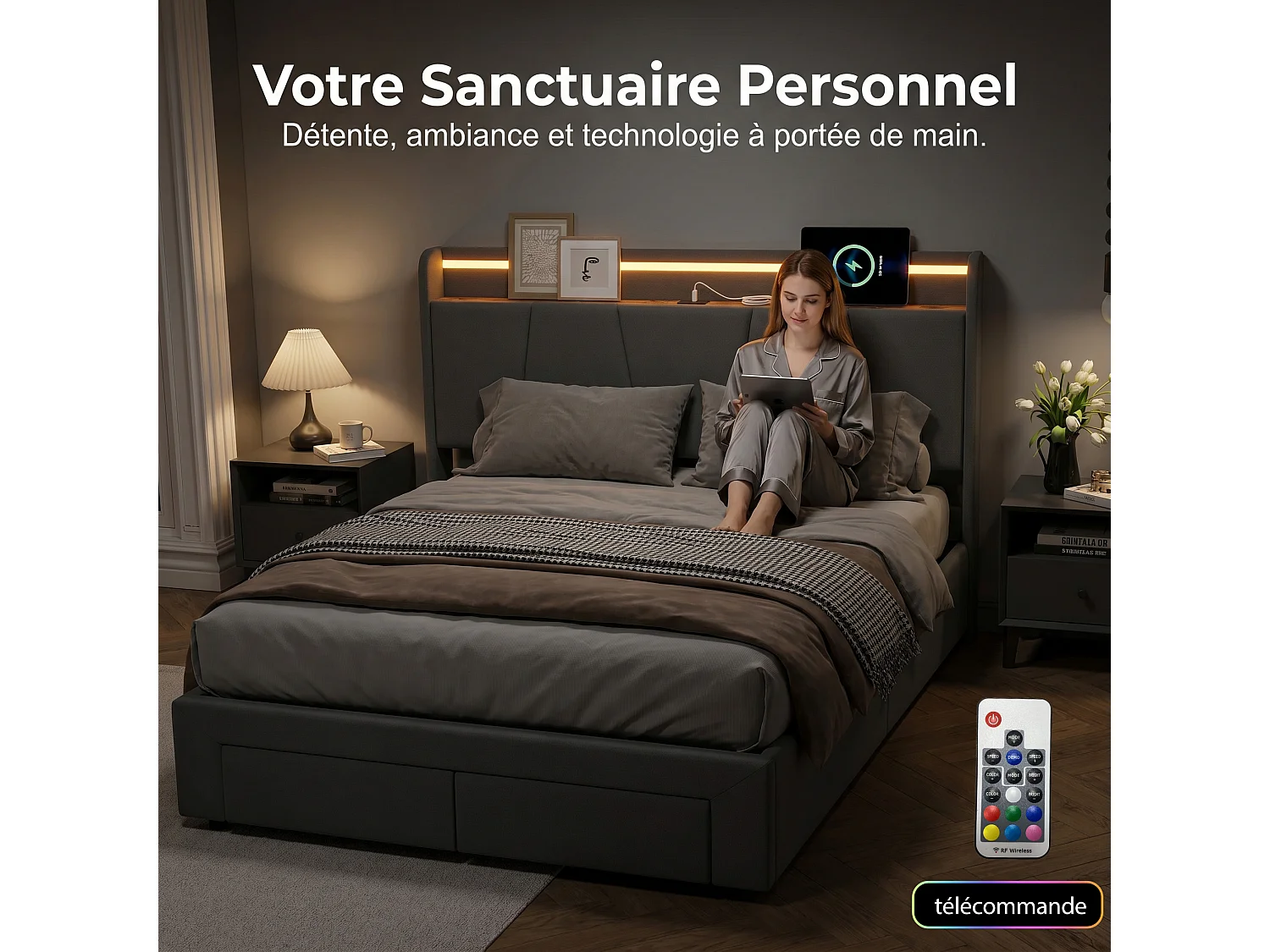 Opbergbed van 140x200 cm met ledverlichting, USB/Type-C-oplaadpoort en 2 lades, hoofdbord met opbergruimte, tweepersoonsbedframe met lattenbodem, donkergrijs