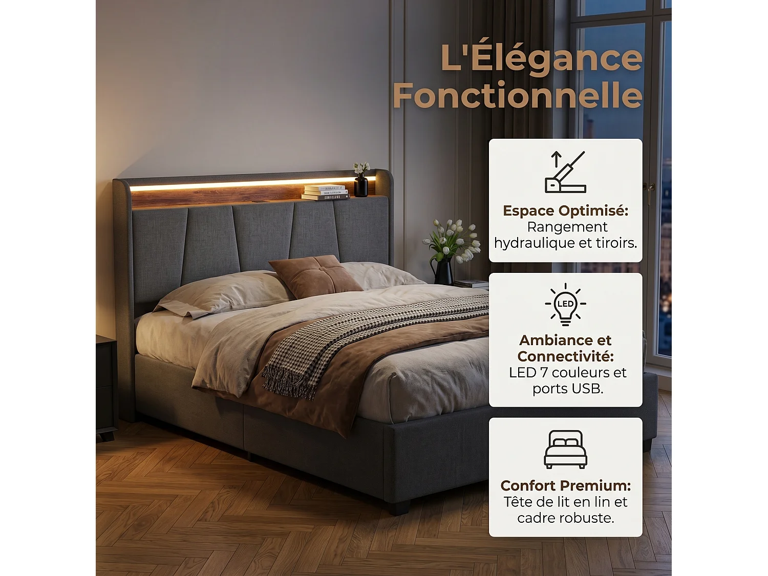 Opbergbed van 140x200 cm met ledverlichting, USB/Type-C-oplaadpoort en 2 lades, hoofdbord met opbergruimte, tweepersoonsbedframe met lattenbodem, donkergrijs