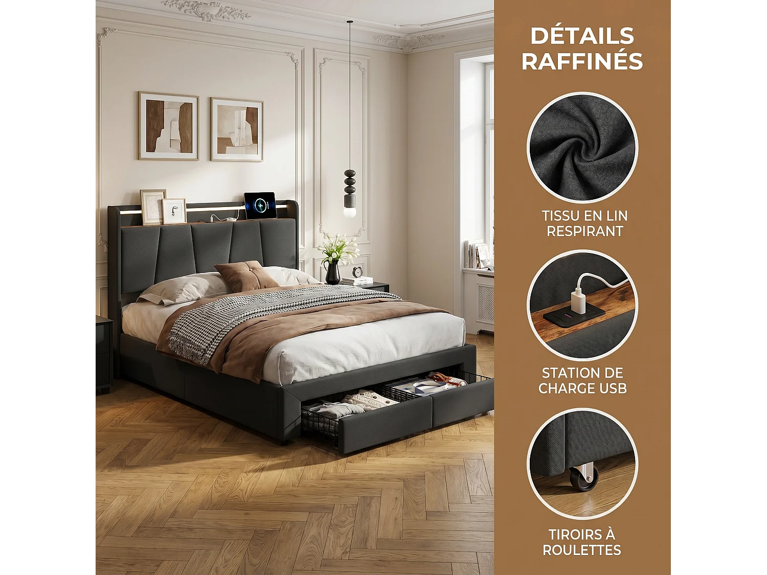 Opbergbed van 140x200 cm met ledverlichting, USB/Type-C-oplaadpoort en 2 lades, hoofdbord met opbergruimte, tweepersoonsbedframe met lattenbodem, donkergrijs