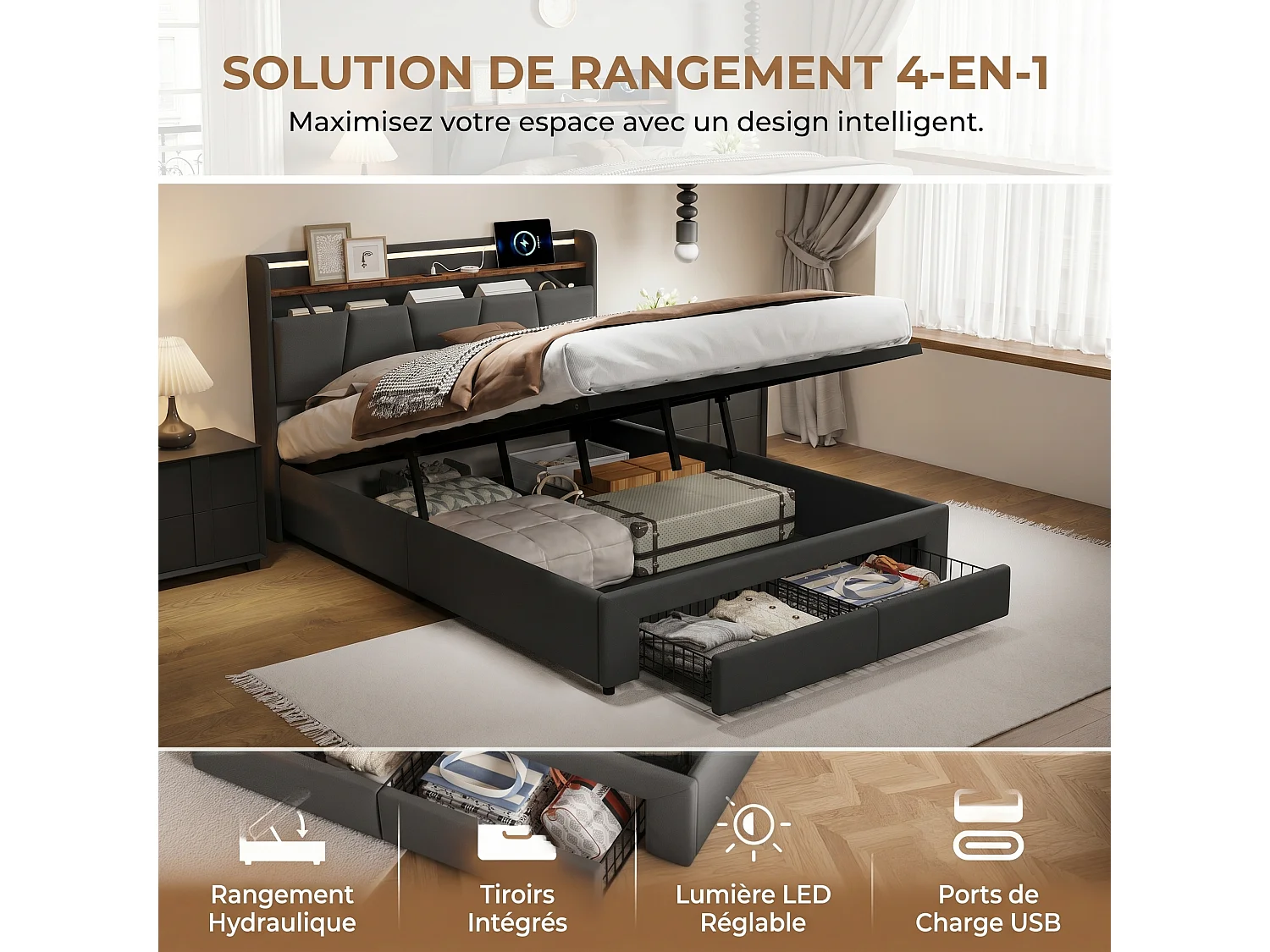 Opbergbed van 140x200 cm met ledverlichting, USB/Type-C-oplaadpoort en 2 lades, hoofdbord met opbergruimte, tweepersoonsbedframe met lattenbodem, donkergrijs