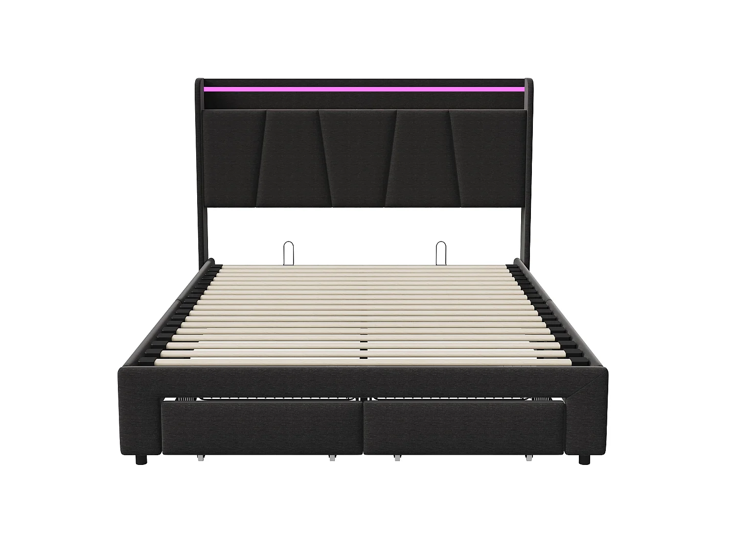 Opbergbed van 140x200 cm met ledverlichting, USB/Type-C-oplaadpoort en 2 lades, hoofdbord met opbergruimte, tweepersoonsbedframe met lattenbodem, donkergrijs