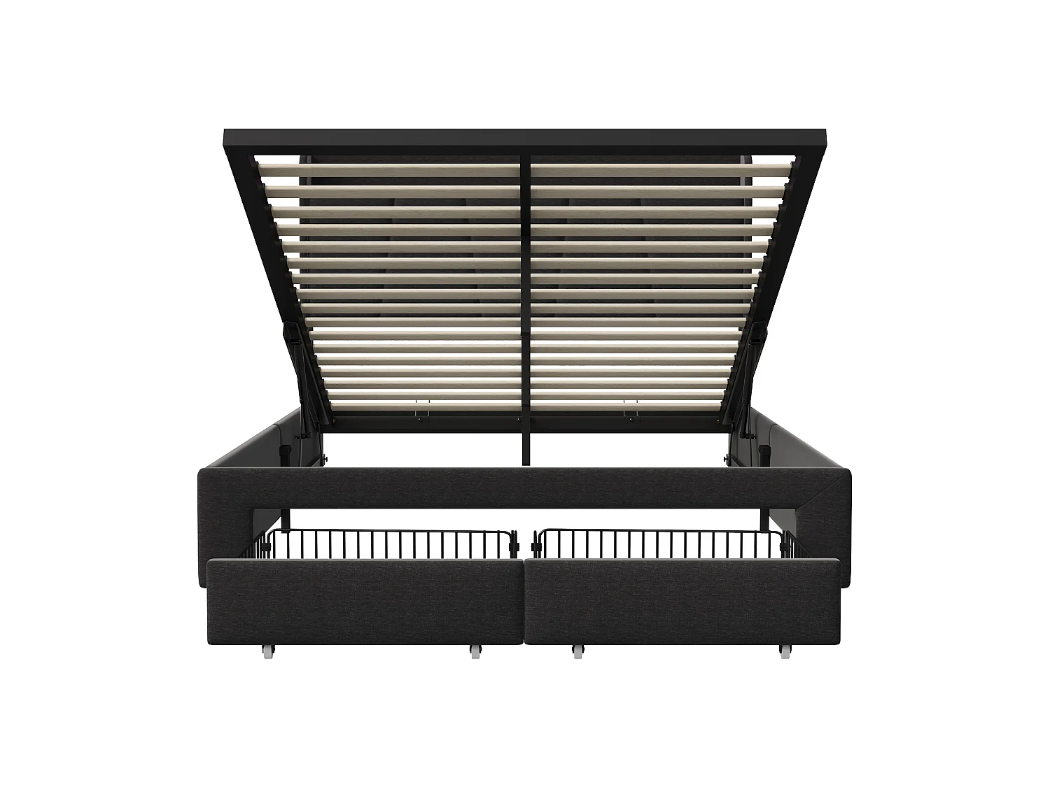 Opbergbed van 140x200 cm met ledverlichting, USB/Type-C-oplaadpoort en 2 lades, hoofdbord met opbergruimte, tweepersoonsbedframe met lattenbodem, donkergrijs