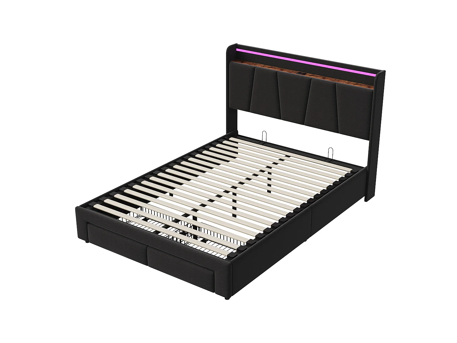 Opbergbed van 140x200 cm met ledverlichting, USB/Type-C-oplaadpoort en 2 lades, hoofdbord met opbergruimte, tweepersoonsbedframe met lattenbodem, donkergrijs