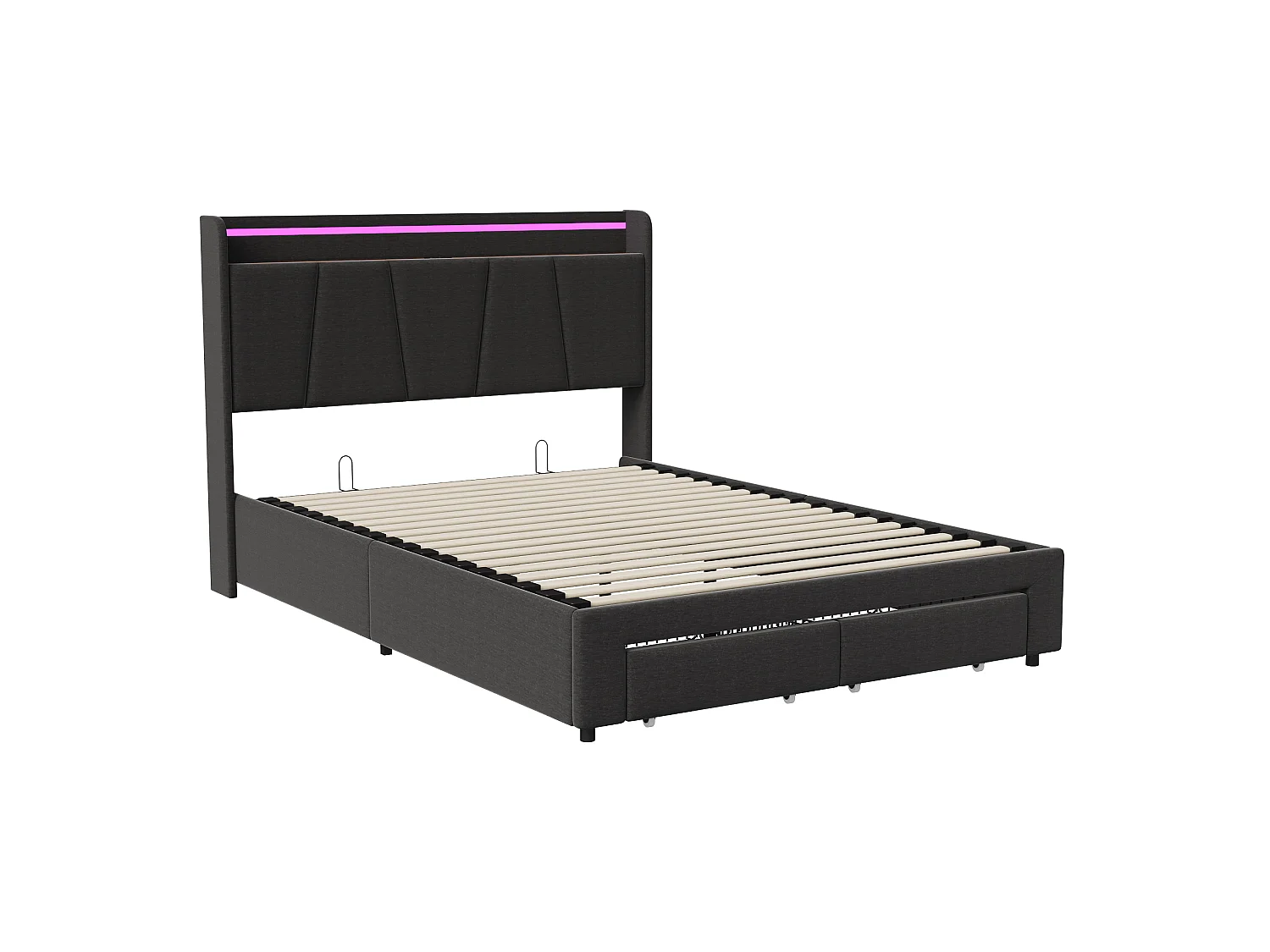 Opbergbed van 140x200 cm met ledverlichting, USB/Type-C-oplaadpoort en 2 lades, hoofdbord met opbergruimte, tweepersoonsbedframe met lattenbodem, donkergrijs