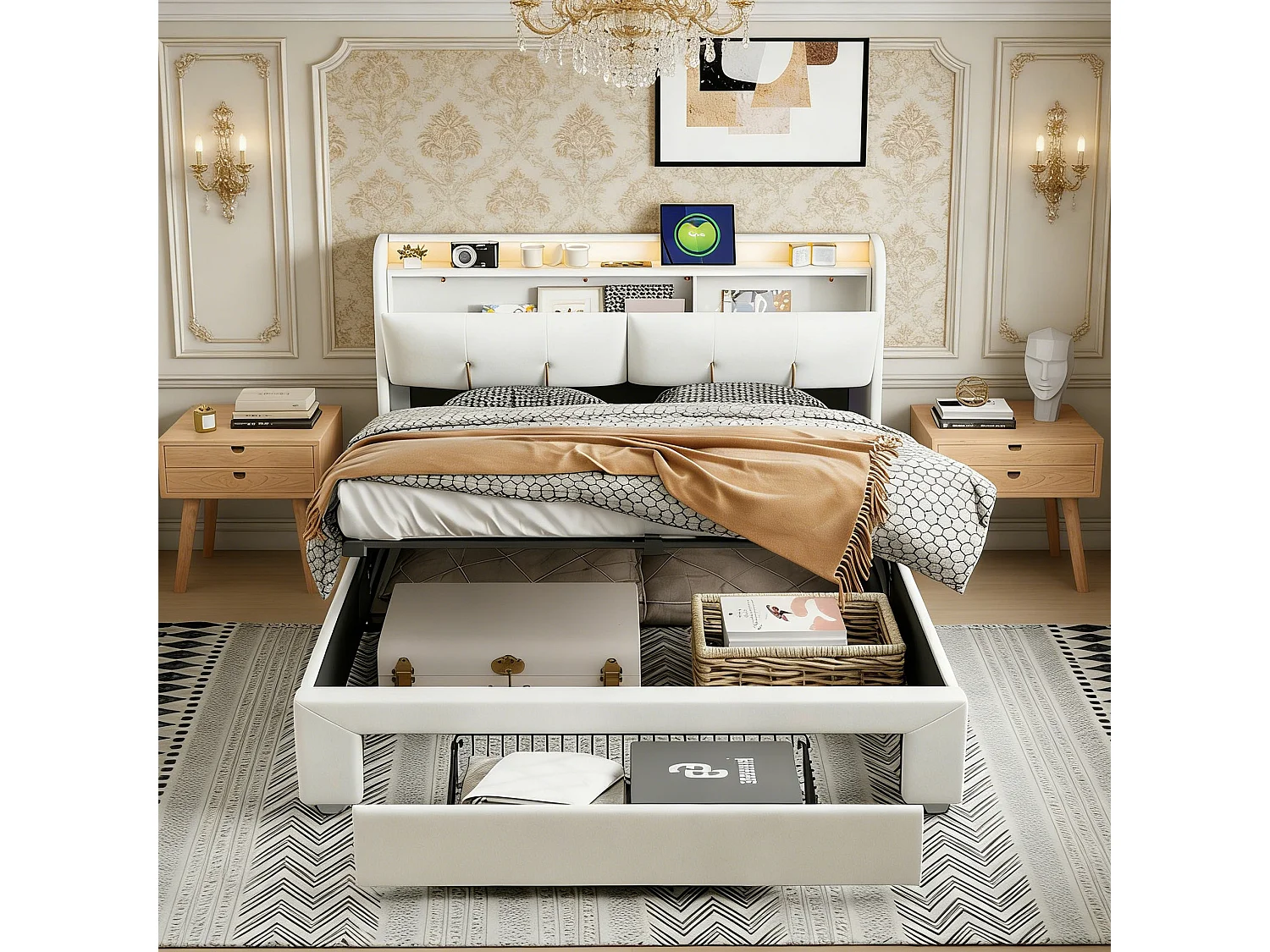 Letto contenitore 160x200 cm con illuminazione a LED e cassetti, 2 porte USB, 2 prese di corrente, struttura letto con testiera contenitore, velluto, beige