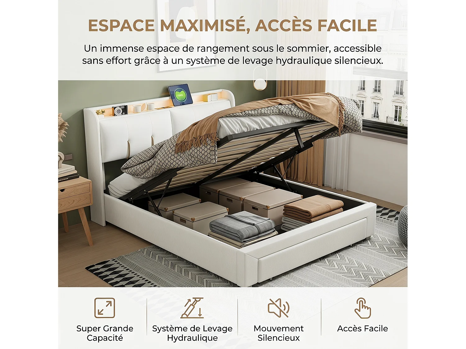 Letto contenitore 160x200 cm con illuminazione a LED e cassetti, 2 porte USB, 2 prese di corrente, struttura letto con testiera contenitore, velluto, beige