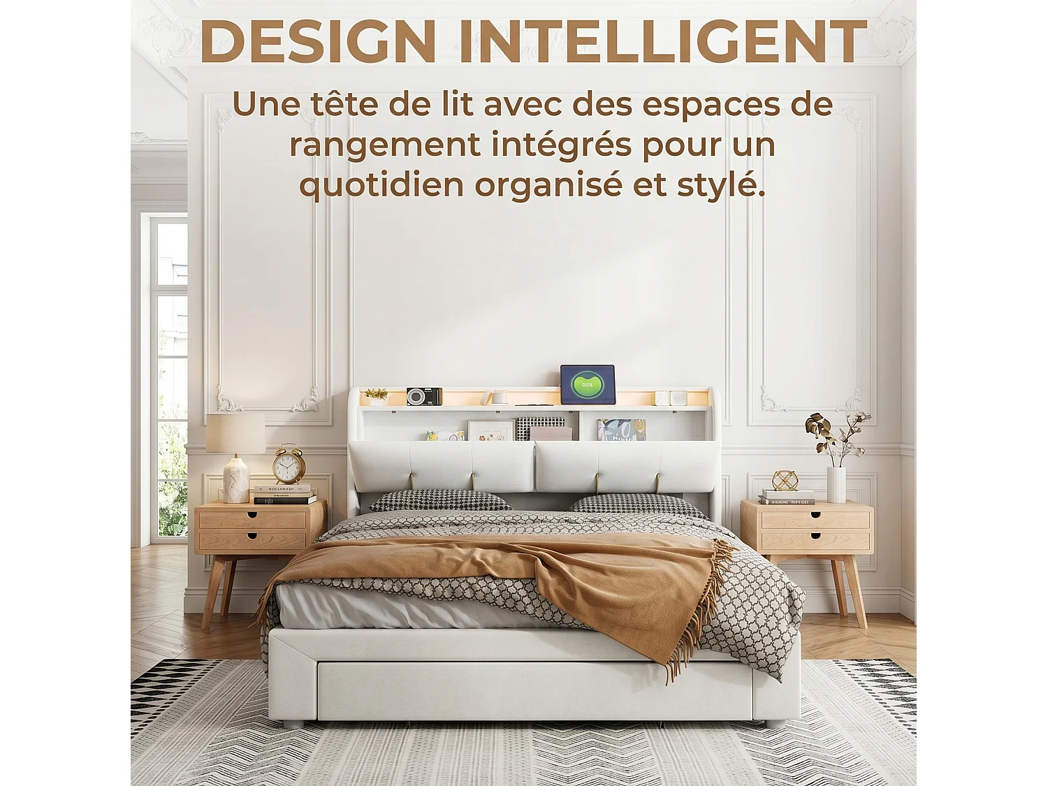 Letto contenitore 160x200 cm con illuminazione a LED e cassetti, 2 porte USB, 2 prese di corrente, struttura letto con testiera contenitore, velluto, beige