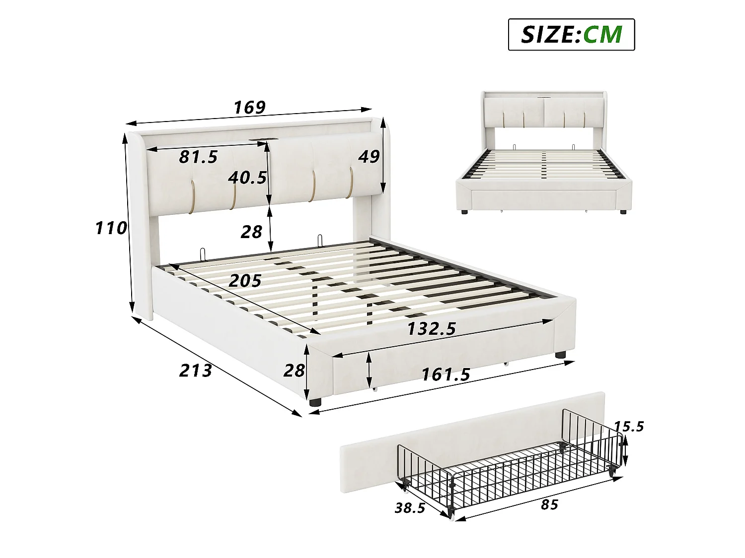 Letto contenitore 160x200 cm con illuminazione a LED e cassetti, 2 porte USB, 2 prese di corrente, struttura letto con testiera contenitore, velluto, beige