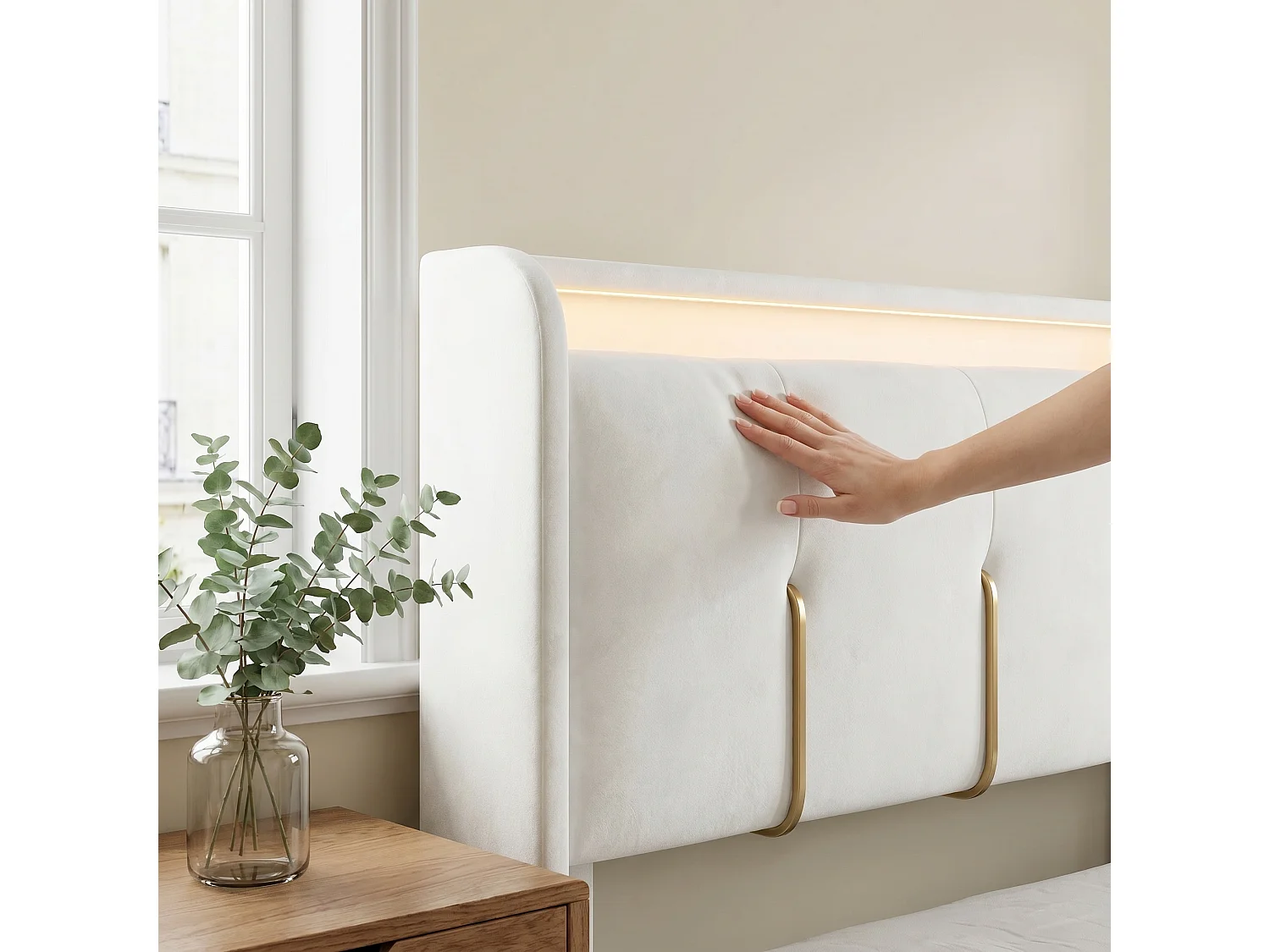 Letto contenitore 160x200 cm con illuminazione a LED e cassetti, 2 porte USB, 2 prese di corrente, struttura letto con testiera contenitore, velluto, beige