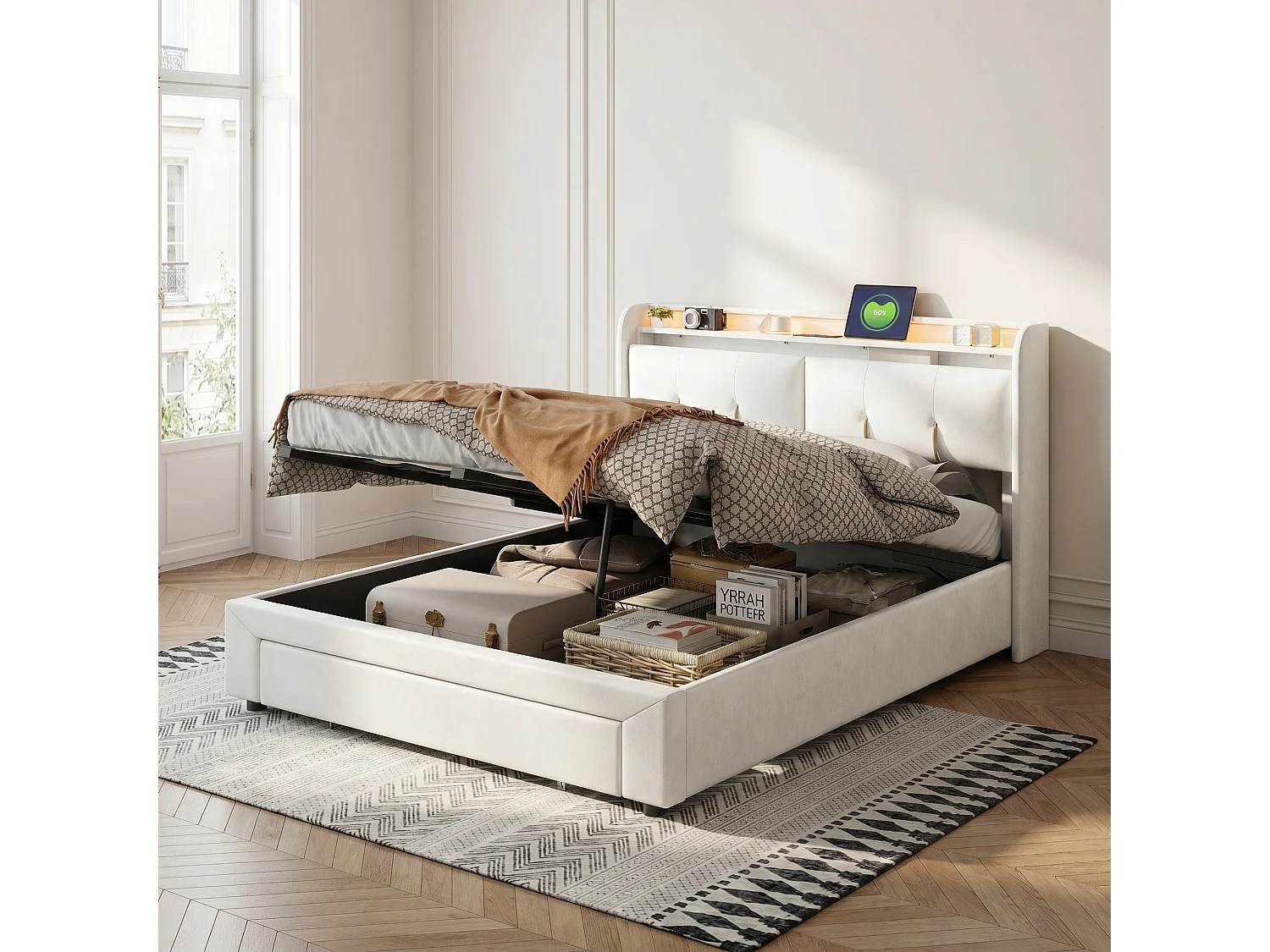 Letto contenitore 160x200 cm con illuminazione a LED e cassetti, 2 porte USB, 2 prese di corrente, struttura letto con testiera contenitore, velluto, beige