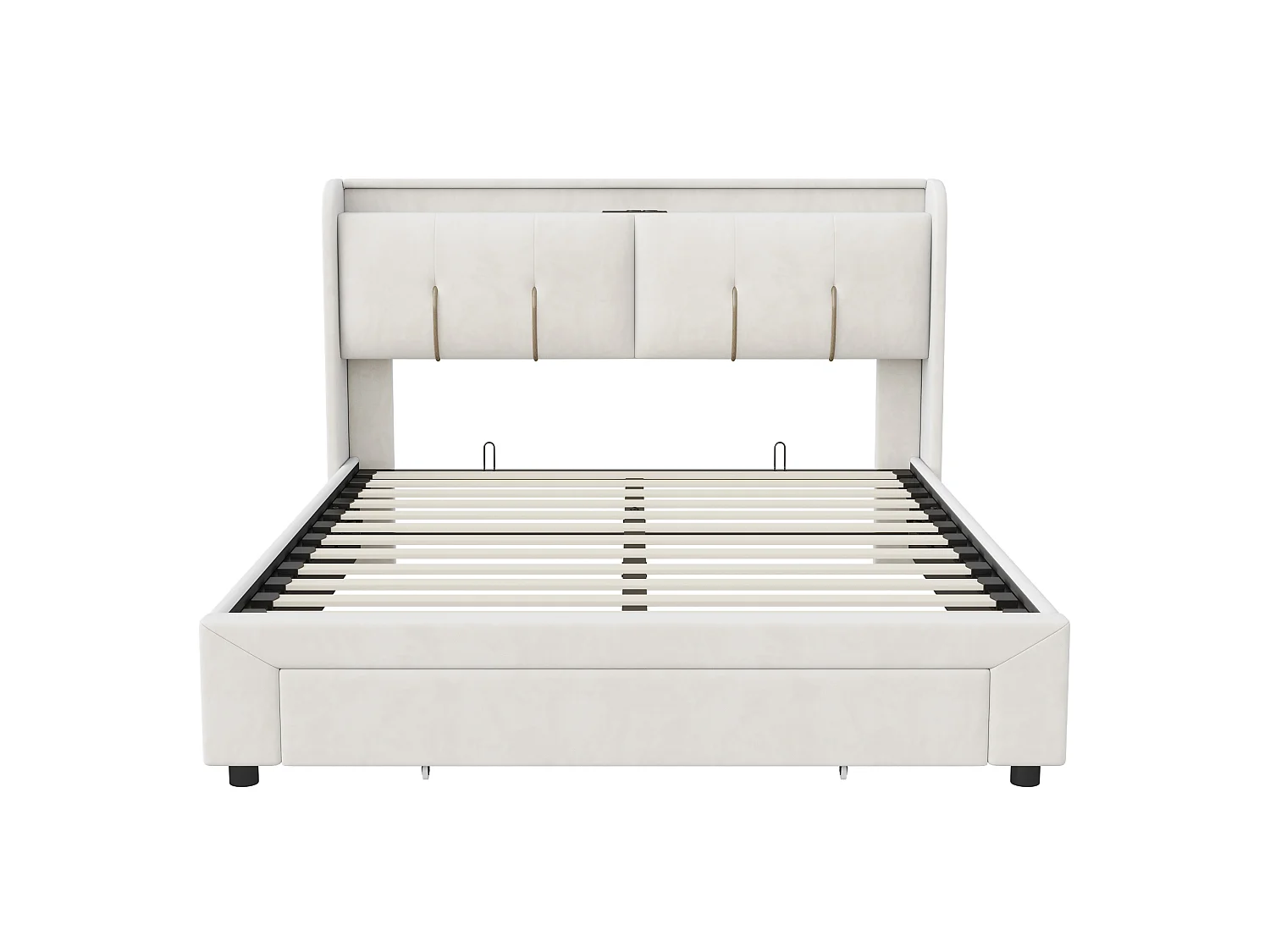 Letto contenitore 160x200 cm con illuminazione a LED e cassetti, 2 porte USB, 2 prese di corrente, struttura letto con testiera contenitore, velluto, beige
