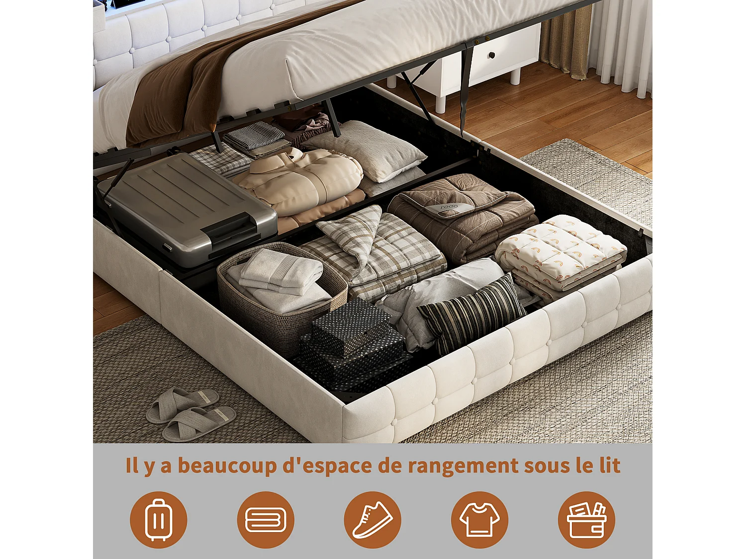 Letto contenitore 160x200 cm - LED RGB - USB/Type-C - Sistema di contenimento idraulico - Testiera imbottita - Rete a doghe inclusa - Velluto bianco sporco