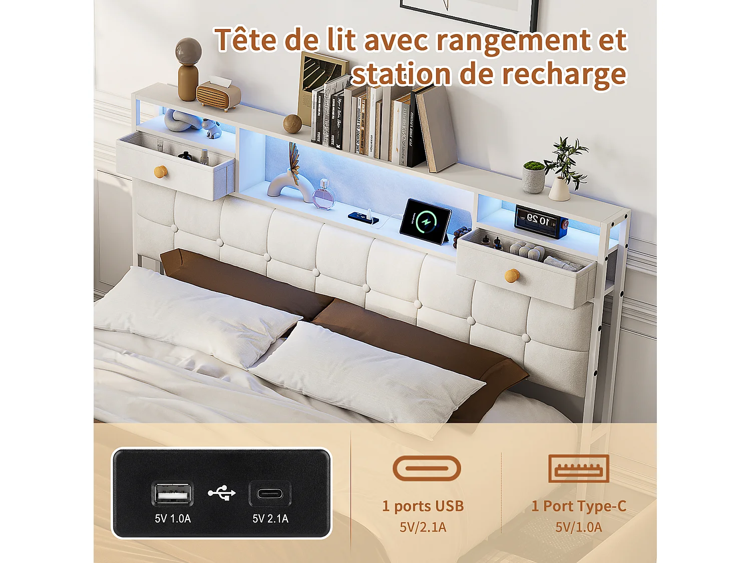 Letto contenitore 160x200 cm - LED RGB - USB/Type-C - Sistema di contenimento idraulico - Testiera imbottita - Rete a doghe inclusa - Velluto bianco sporco