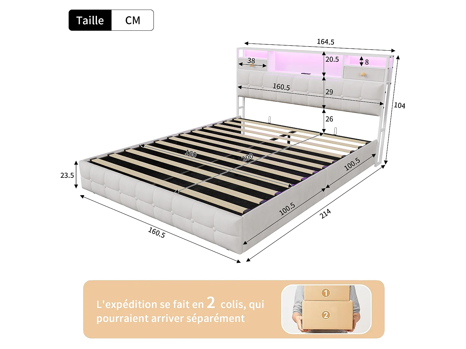 Letto contenitore 160x200 cm - LED RGB - USB/Type-C - Sistema di contenimento idraulico - Testiera imbottita - Rete a doghe inclusa - Velluto bianco sporco