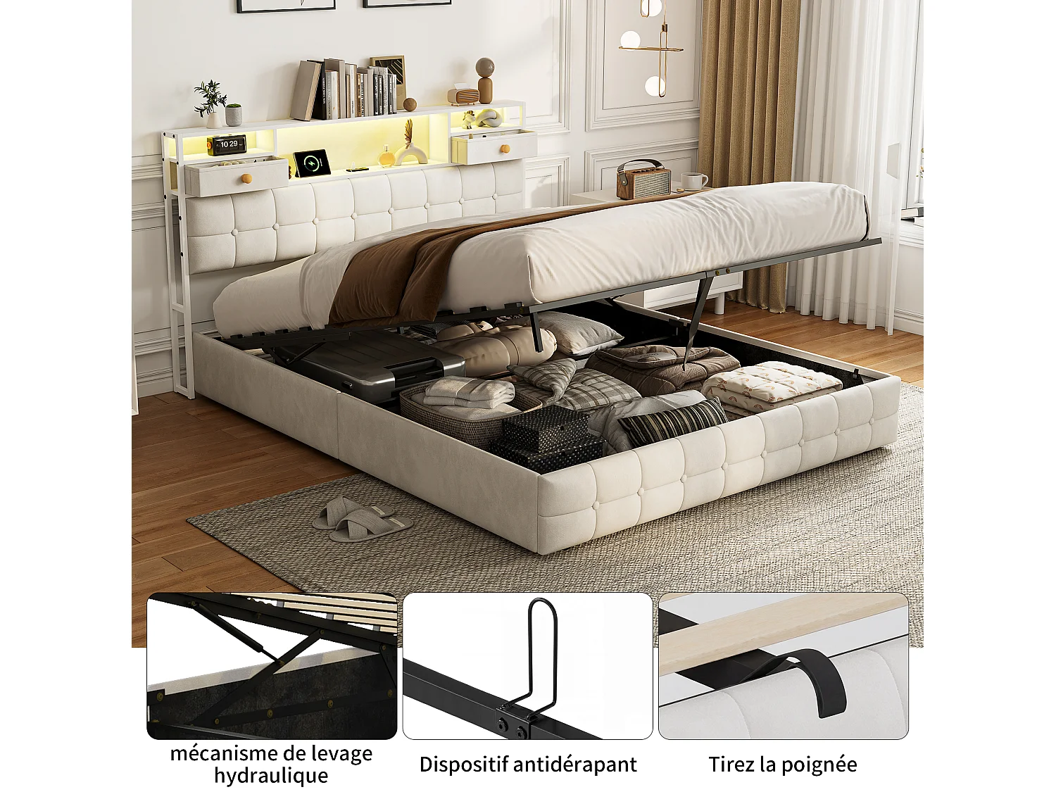 Letto contenitore 160x200 cm - LED RGB - USB/Type-C - Sistema di contenimento idraulico - Testiera imbottita - Rete a doghe inclusa - Velluto bianco sporco