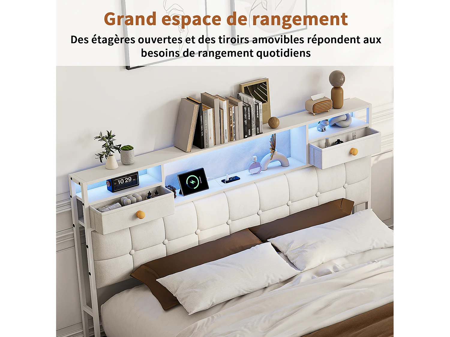 Letto contenitore 160x200 cm - LED RGB - USB/Type-C - Sistema di contenimento idraulico - Testiera imbottita - Rete a doghe inclusa - Velluto bianco sporco