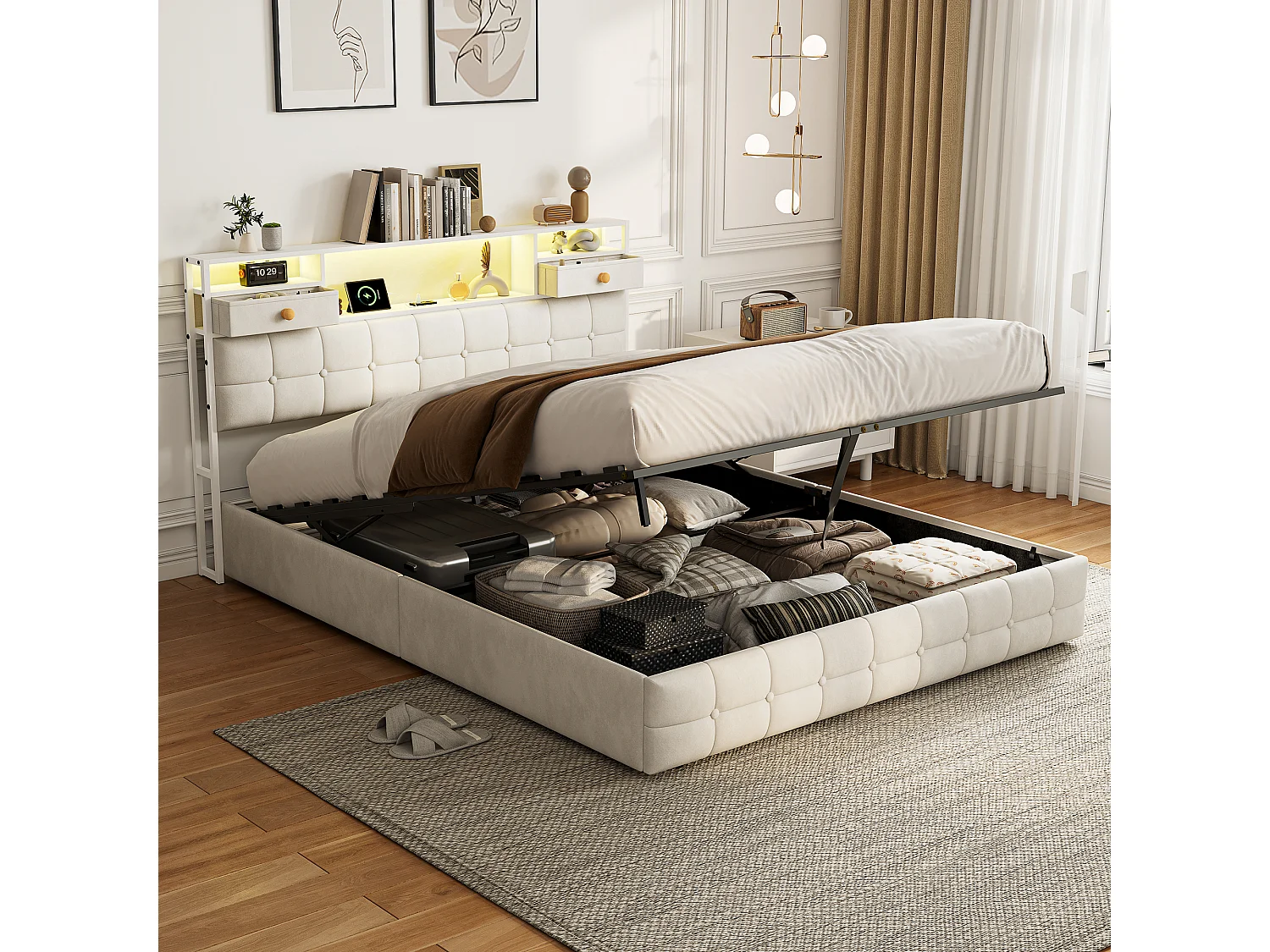 Letto contenitore 160x200 cm - LED RGB - USB/Type-C - Sistema di contenimento idraulico - Testiera imbottita - Rete a doghe inclusa - Velluto bianco sporco