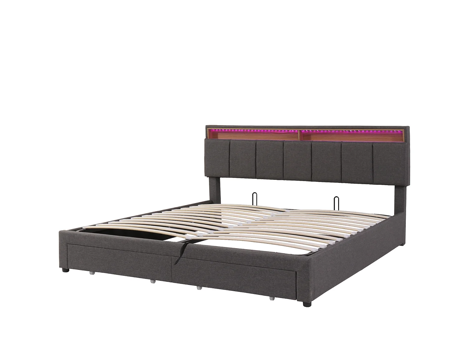 Lit Coffre 160x200 Moderne avec Tête de Lit LED Réglable, 2 Tiroirs de Rangement, Prises USB et 2 EU, Cadre en Lin Gris,2 personnes