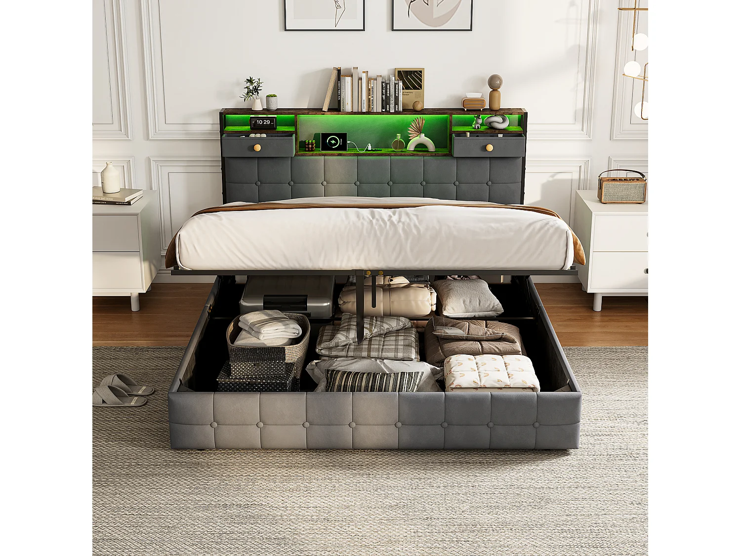 Letto contenitore per adulti 160x200 cm - LED RGB - USB/Type-C - Sistema di contenimento idraulico - Testiera imbottita - Rete a doghe inclusa - Velluto grigio