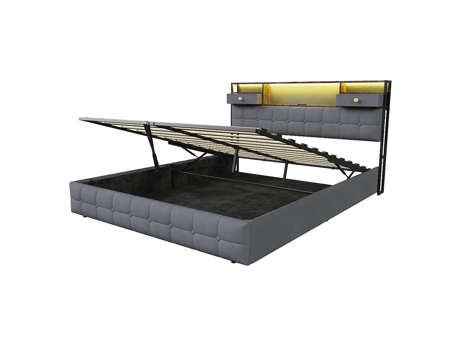 Letto contenitore per adulti 160x200 cm - LED RGB - USB/Type-C - Sistema di contenimento idraulico - Testiera imbottita - Rete a doghe inclusa - Velluto grigio
