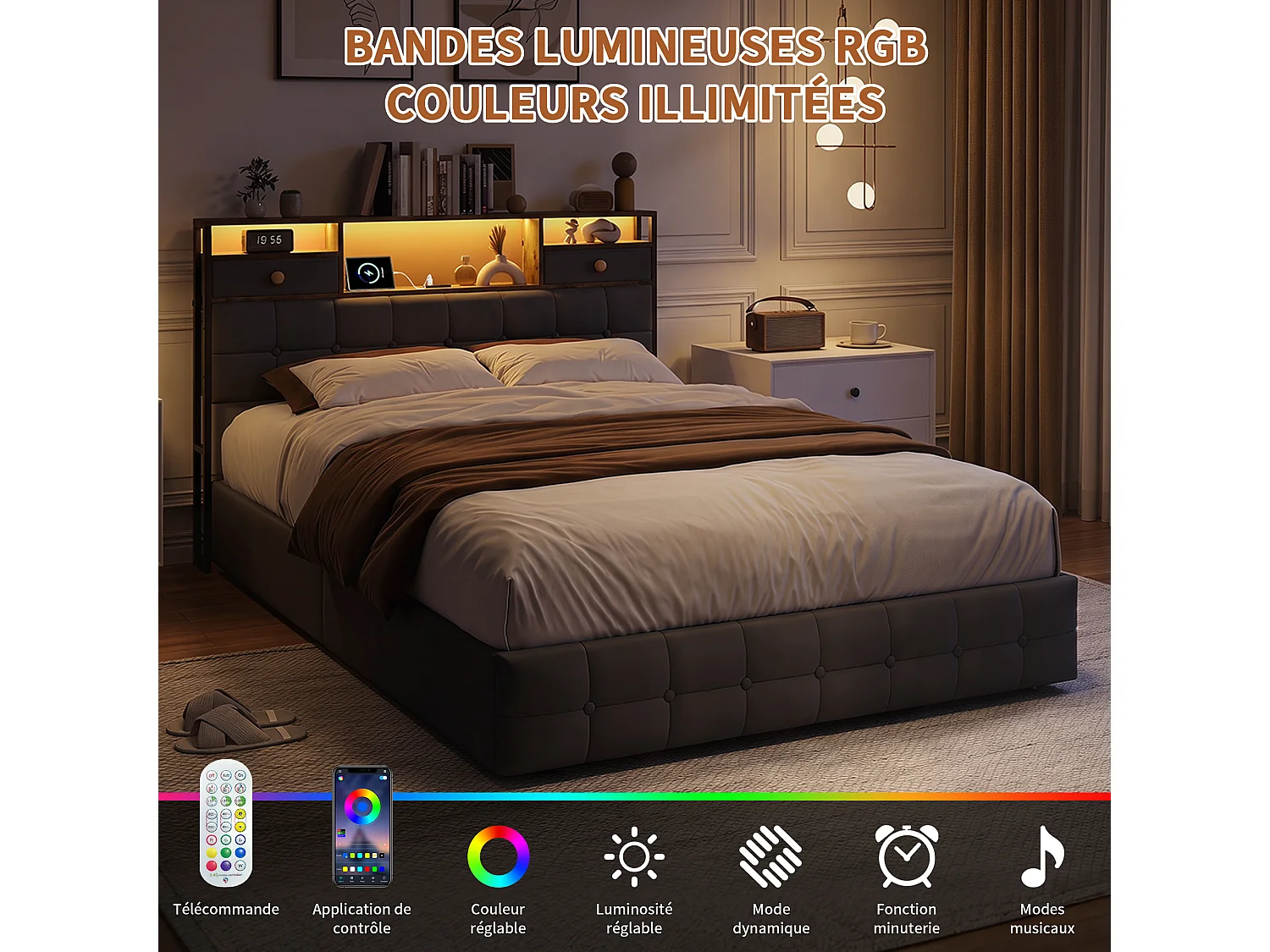 Letto contenitore per adulti 140x200 cm - LED RGB - USB/Type-C - Sistema di contenimento idraulico - Testiera imbottita - Rete a doghe inclusa - Velluto grigio
