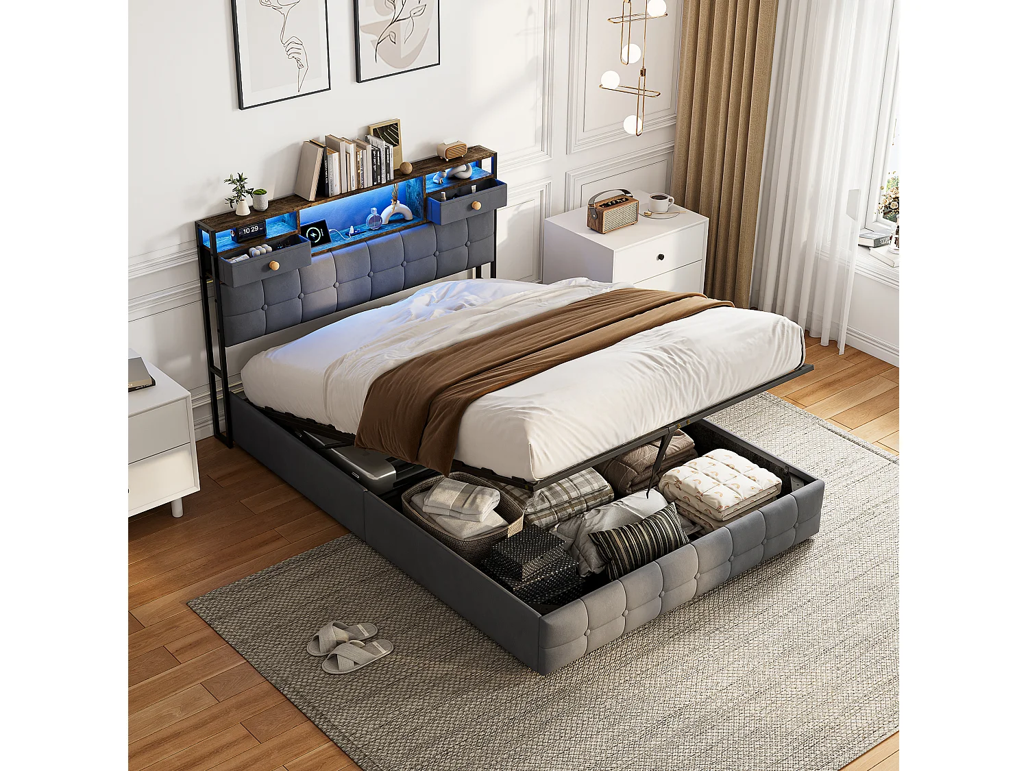 Letto contenitore per adulti 140x200 cm - LED RGB - USB/Type-C - Sistema di contenimento idraulico - Testiera imbottita - Rete a doghe inclusa - Velluto grigio
