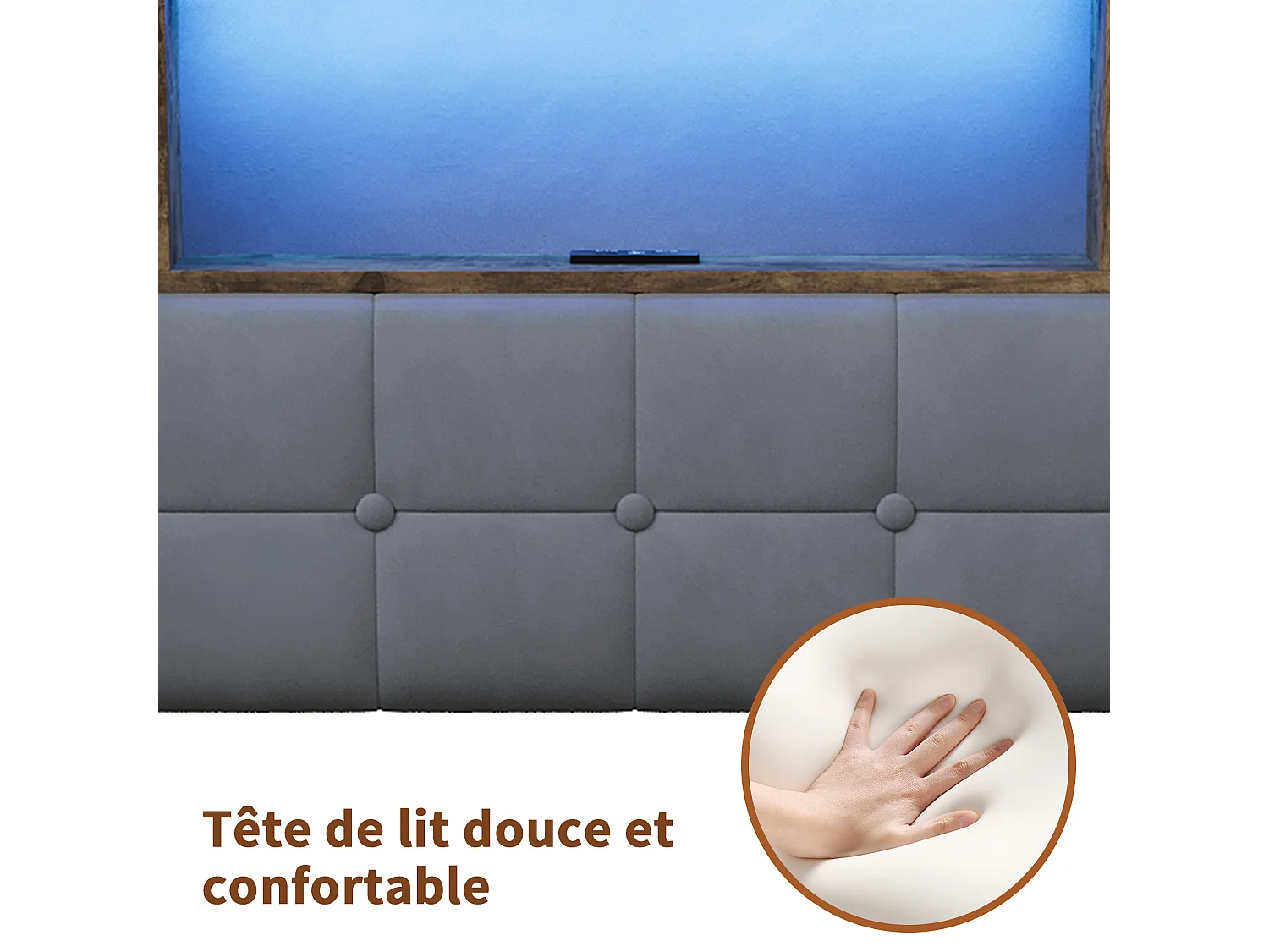 Letto contenitore per adulti 140x200 cm - LED RGB - USB/Type-C - Sistema di contenimento idraulico - Testiera imbottita - Rete a doghe inclusa - Velluto grigio