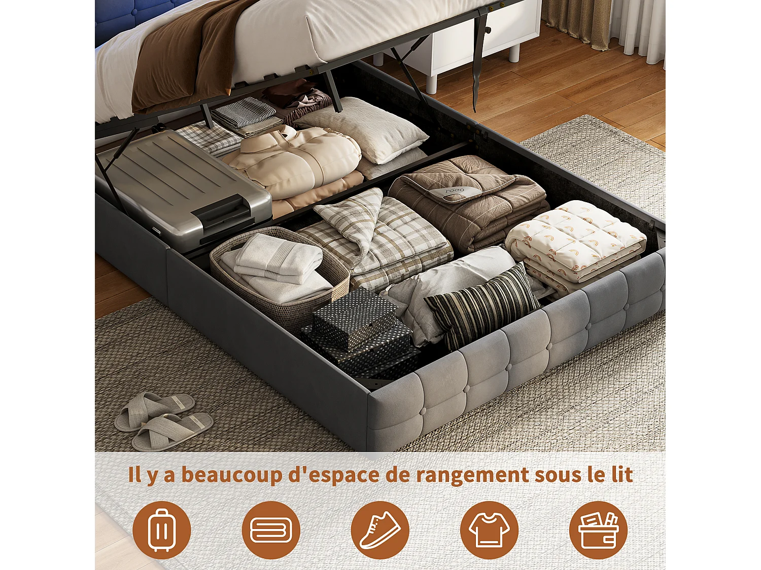 Letto contenitore per adulti 140x200 cm - LED RGB - USB/Type-C - Sistema di contenimento idraulico - Testiera imbottita - Rete a doghe inclusa - Velluto grigio