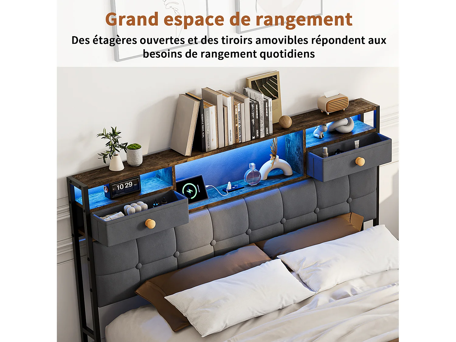 Letto contenitore per adulti 140x200 cm - LED RGB - USB/Type-C - Sistema di contenimento idraulico - Testiera imbottita - Rete a doghe inclusa - Velluto grigio