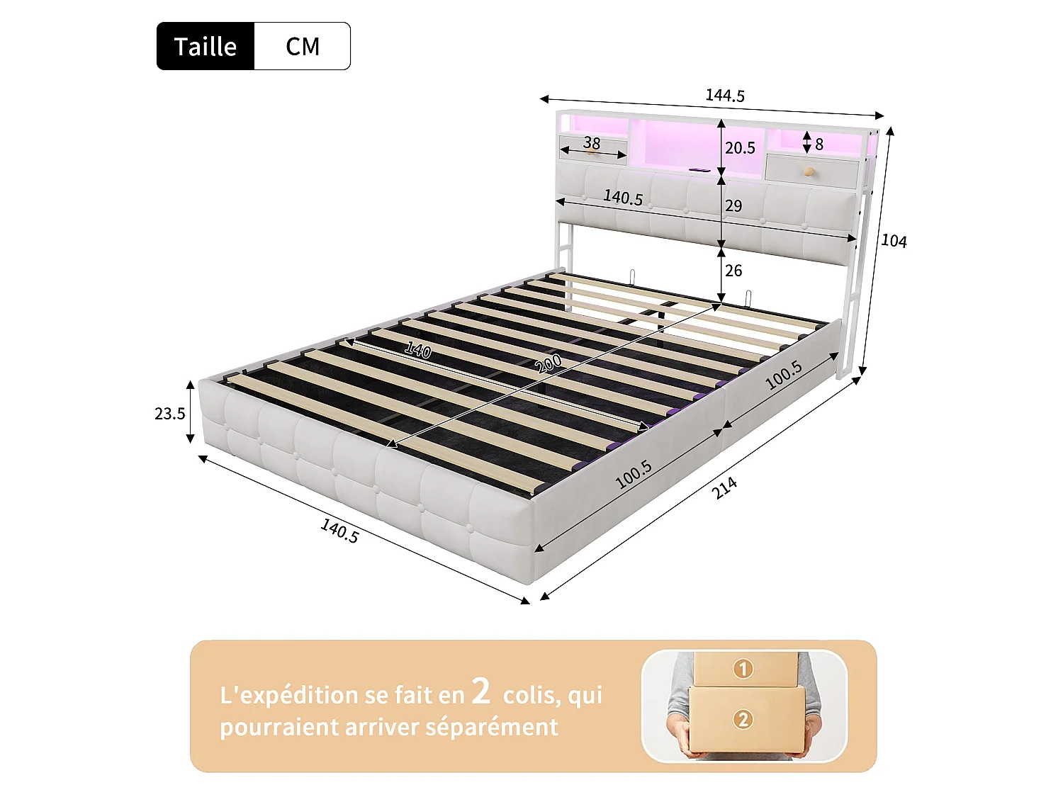 Letto contenitore 140x200 cm - LED RGB - USB/Type-C - Sistema di contenimento idraulico - Testiera imbottita - Rete a doghe inclusa - Velluto bianco sporco