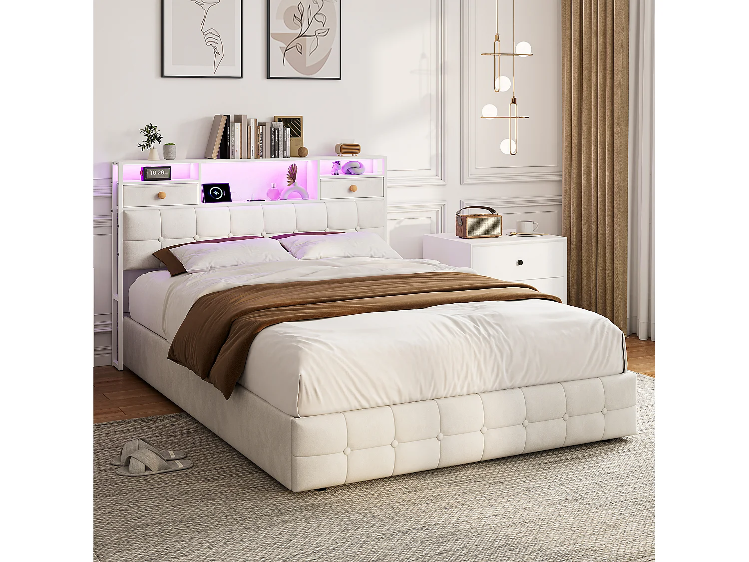 Letto contenitore 140x200 cm - LED RGB - USB/Type-C - Sistema di contenimento idraulico - Testiera imbottita - Rete a doghe inclusa - Velluto bianco sporco