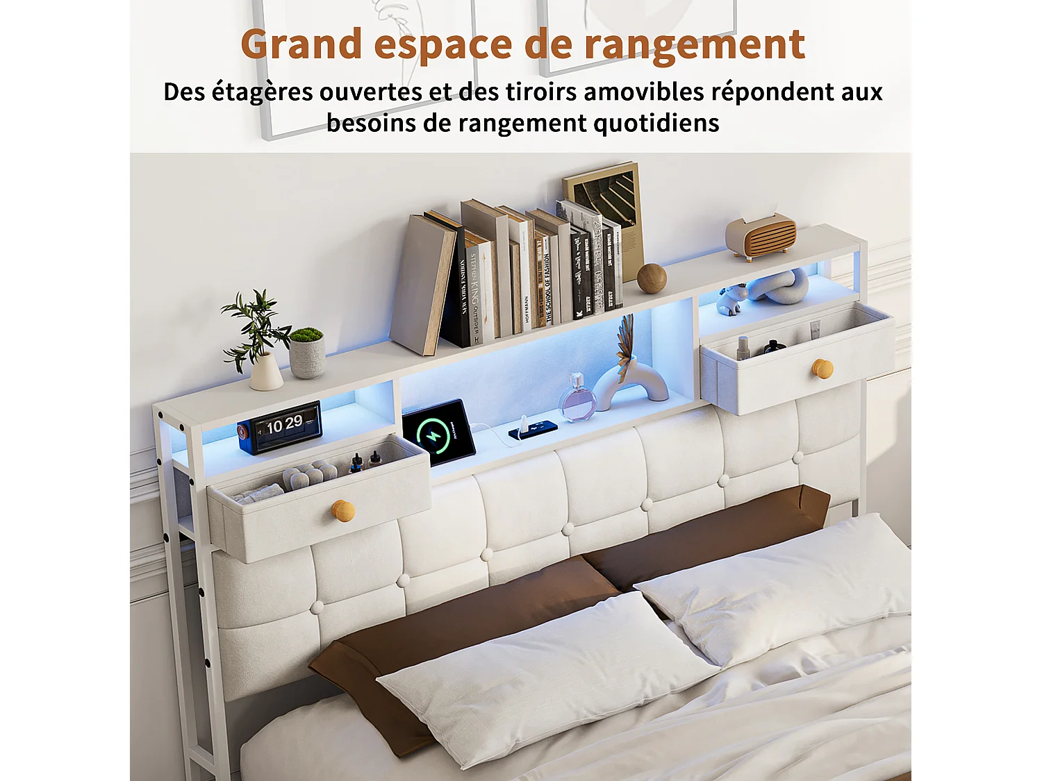Letto contenitore 140x200 cm - LED RGB - USB/Type-C - Sistema di contenimento idraulico - Testiera imbottita - Rete a doghe inclusa - Velluto bianco sporco